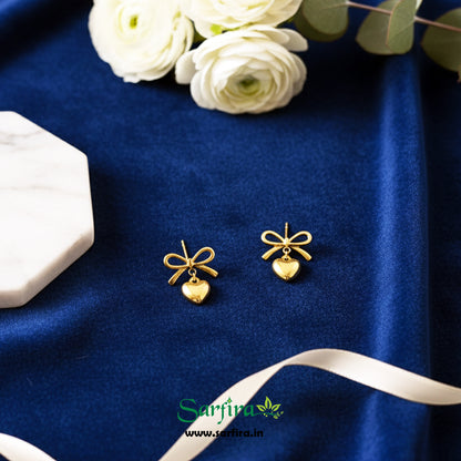 Gold Bow Tie Heart Drop Stud Earrings