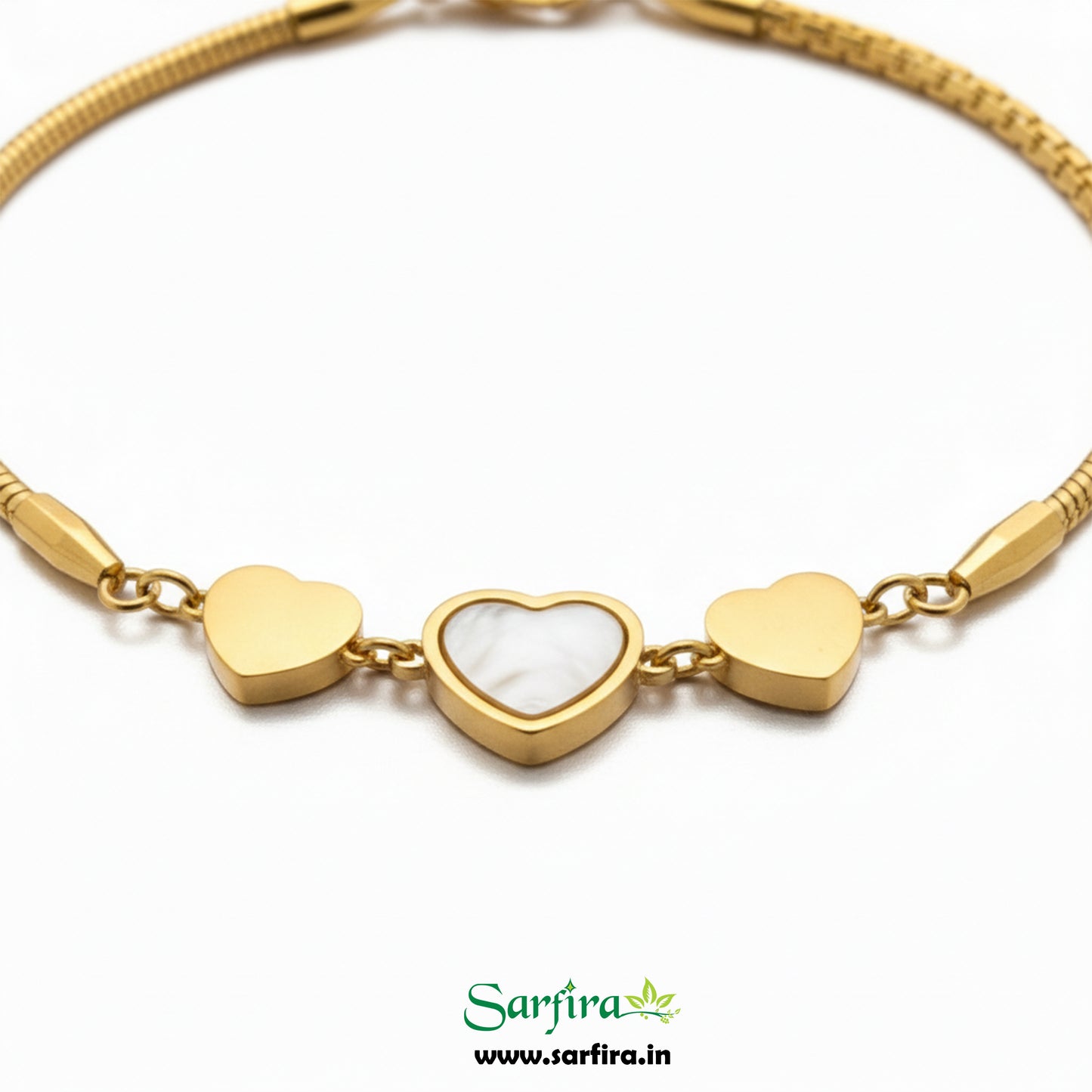 Gold MOP & Triple Heart Snake Chain Bracelet