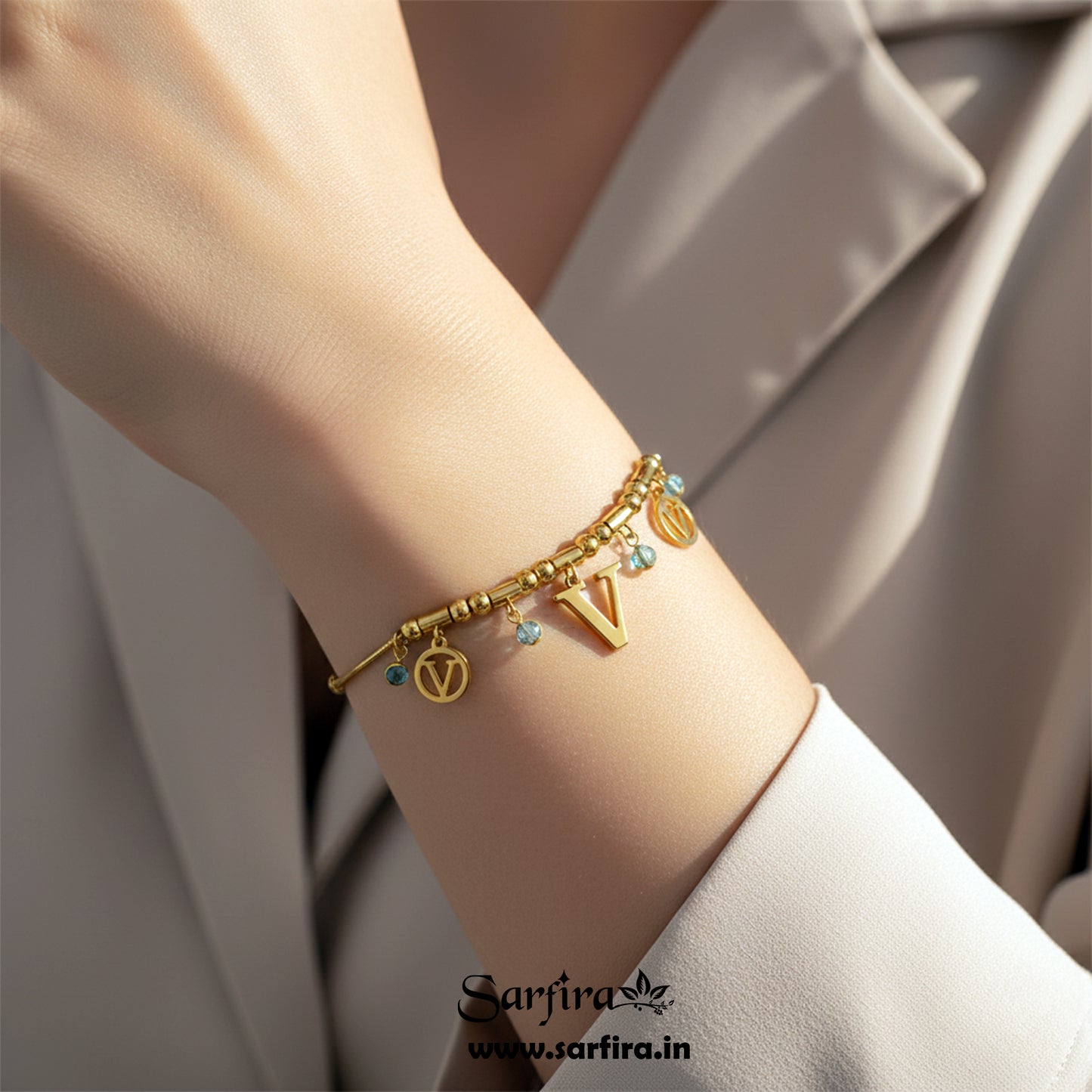 Initial V Charm Beaded Bracelet