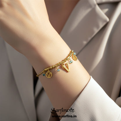 Initial V Charm Beaded Bracelet