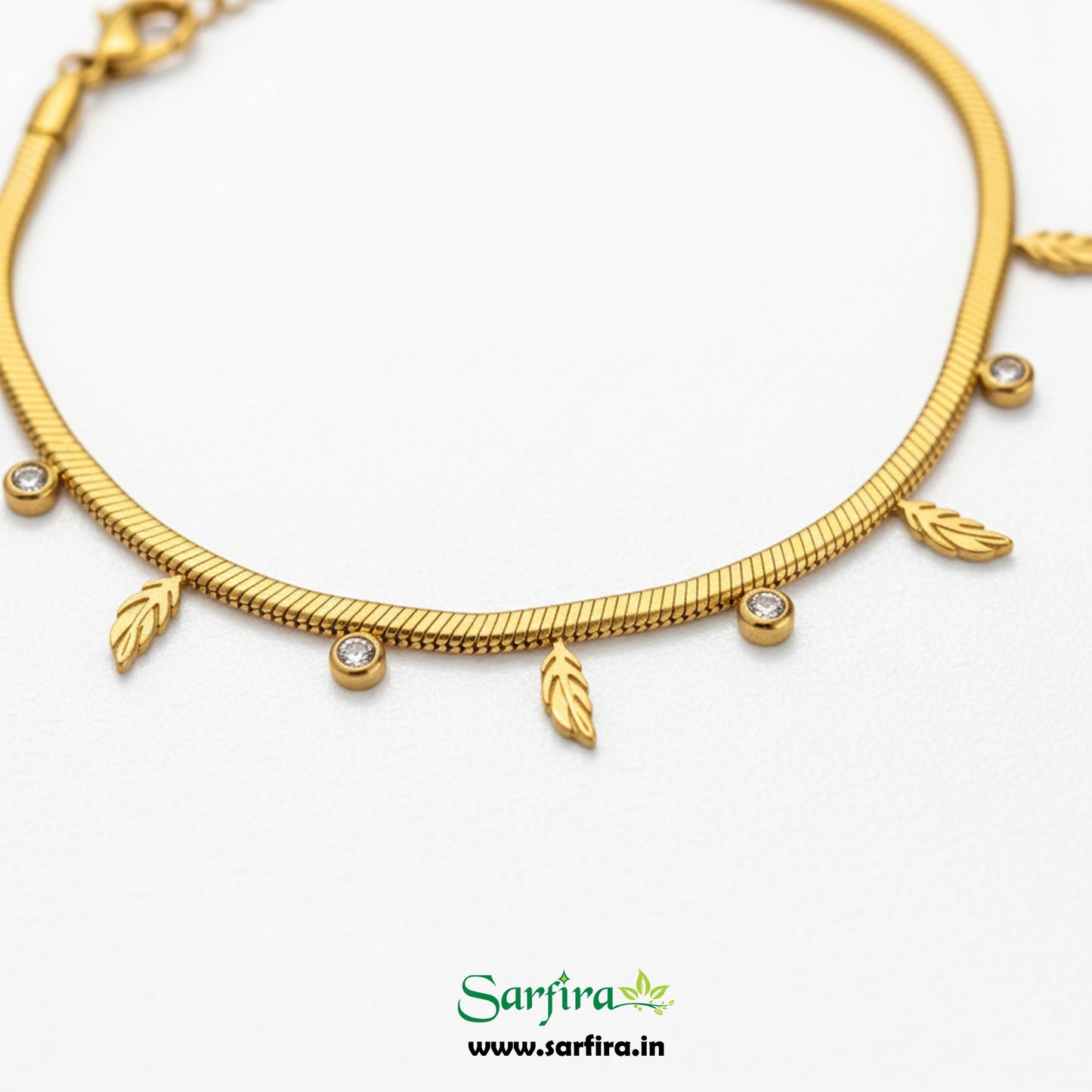 Leaf & CZ Snake Chain Bracelet