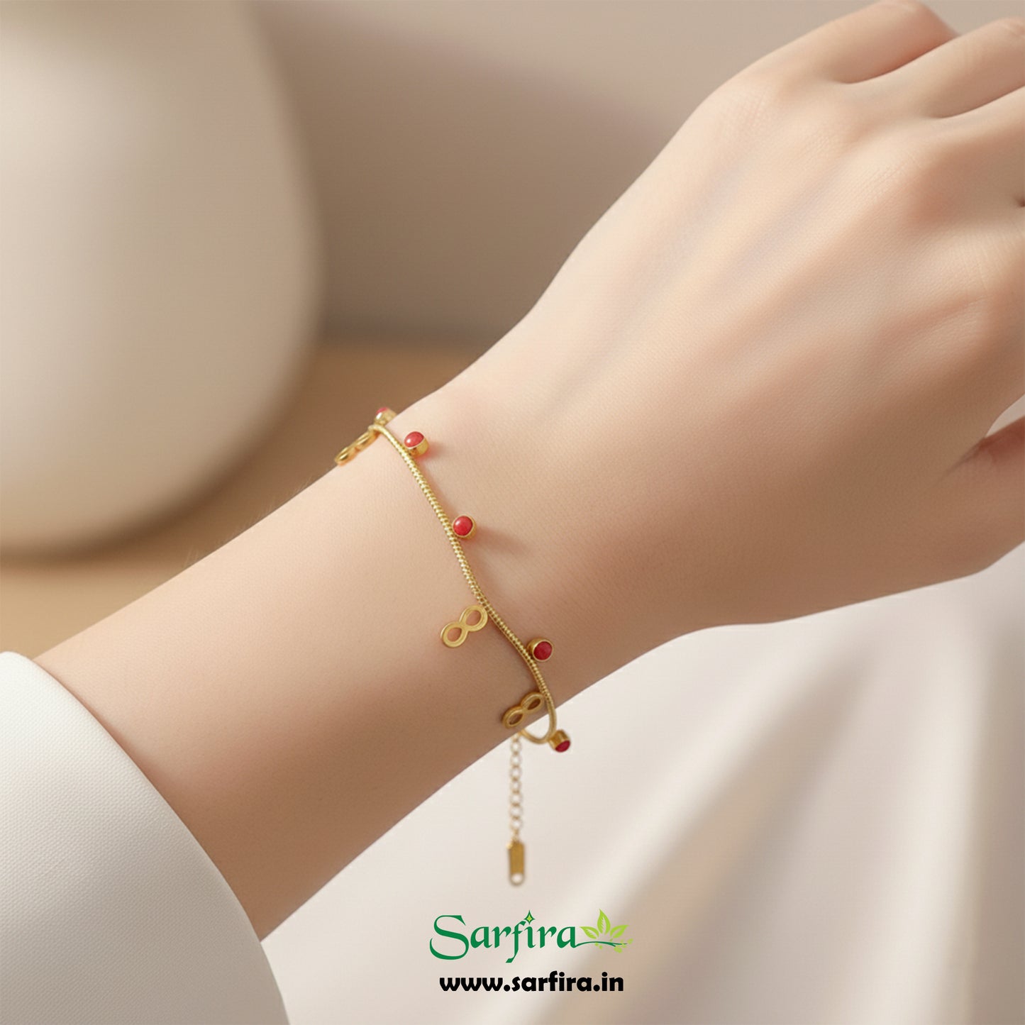 Infinity & Red Bead Snake Chain Bracelet