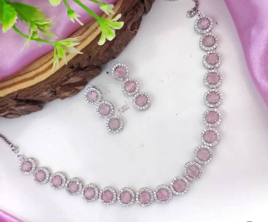 Light Pink Round Shape Cubic Zirconia Necklace Set