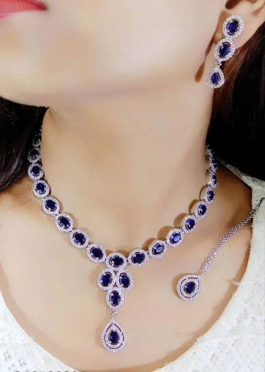 Royal Blue Stone Necklace Earrings Set | Elegant Bridal & Party Jewelry