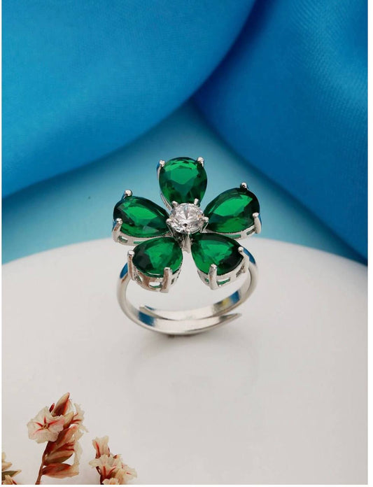Elegant Green Floral Gemstone Adjustable Finger Ring for Women