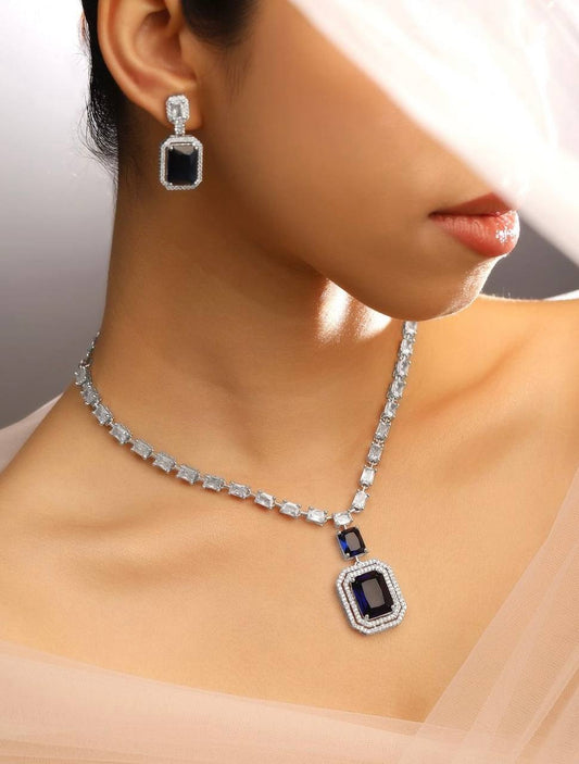 Luxury Sapphire Blue Stone Necklace Earrings Set | Bridal, Wedding & Party Jewelry
