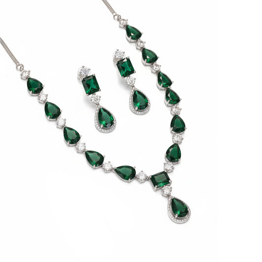 American Diamond Big Drop Wedding Necklace (Green)
