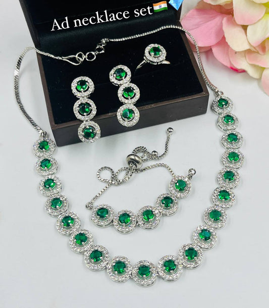 Green Stone AD Necklace Set with Earrings & Bracelet – Elegant Party & Wedding Jewelry