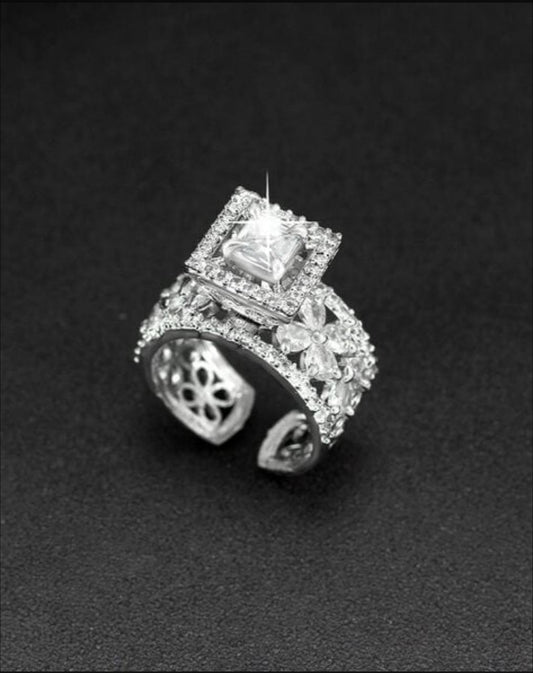 Square Diamond Finger Ring - Silver