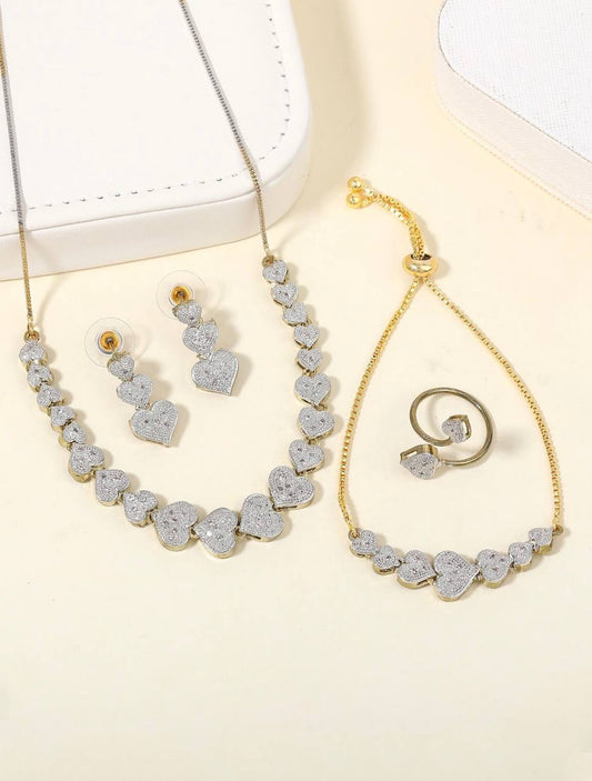 Luxury Heart Shape Jewelry Set – Silver & Gold Tone Necklace, Bracelet, Earrings & Ring