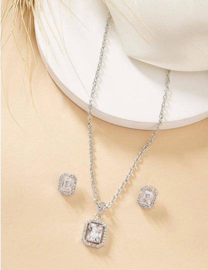Atarangi Square Crystal Pendant & Earring Set – Silver Chain Jewelry