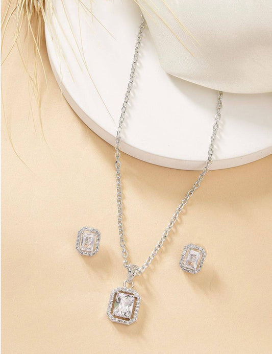 Atarangi Square Crystal Pendant & Earring Set – Silver Chain Jewelry