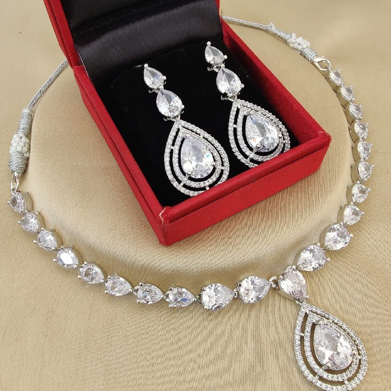 White Stone Bridal Necklace Set with Earrings – Elegant Wedding & Party Jewelry