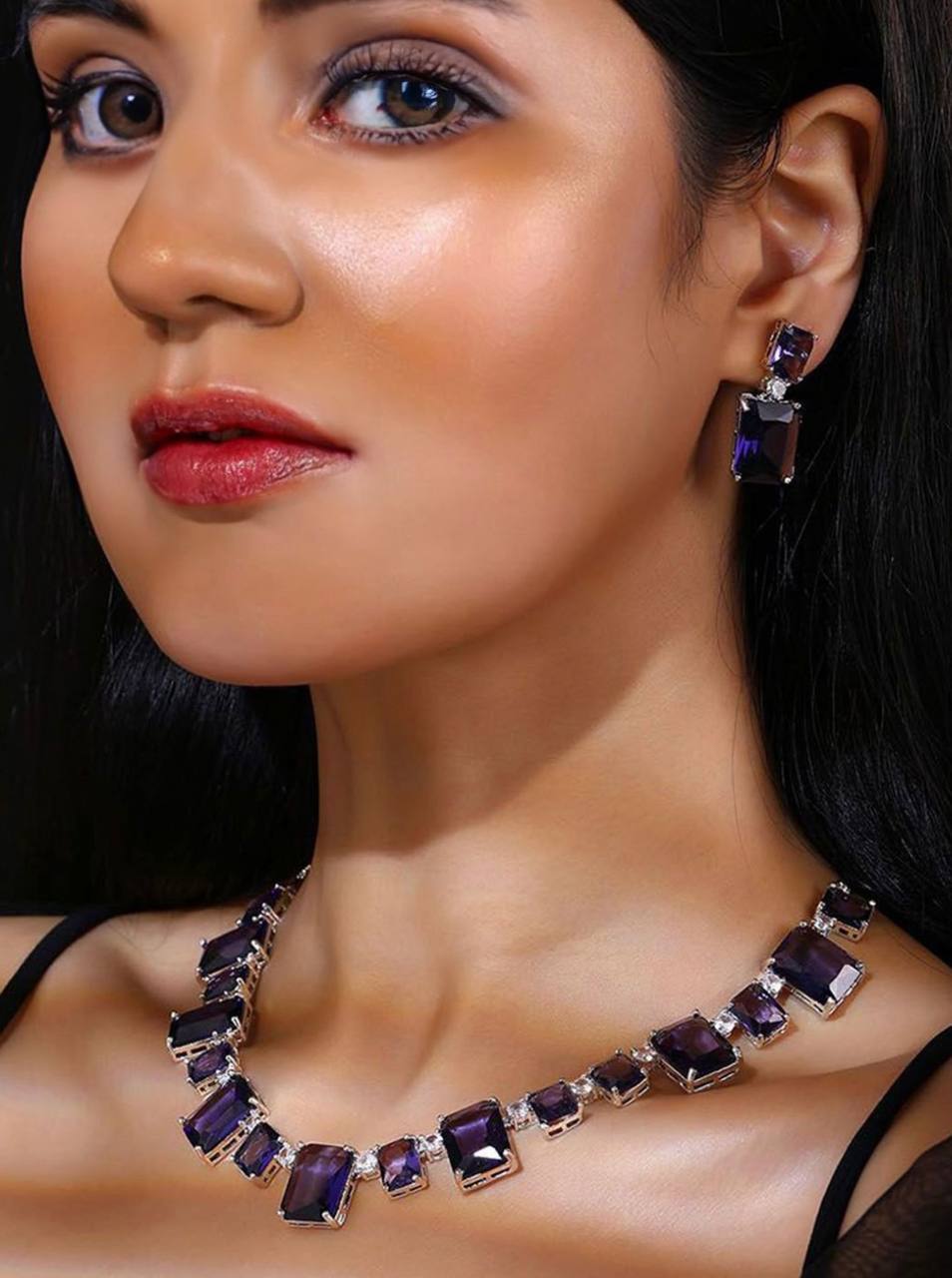 Purple Stone Rectangle Drop Necklace