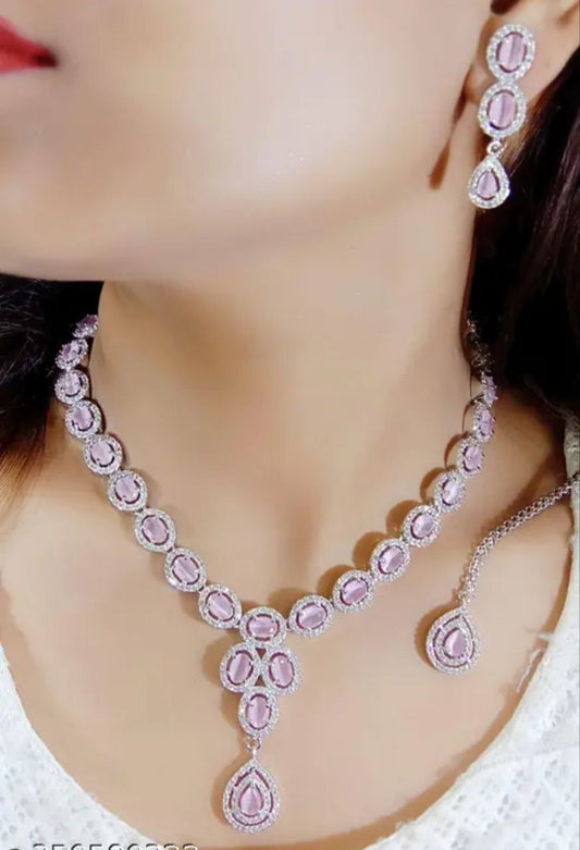 Blush Pink Stone Necklace Earrings Set | Elegant Bridal & Party Jewelry