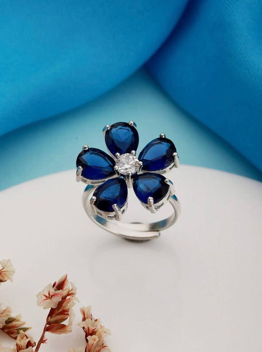 Blue Floral Gemstone Adjustable Finger Ring for Women