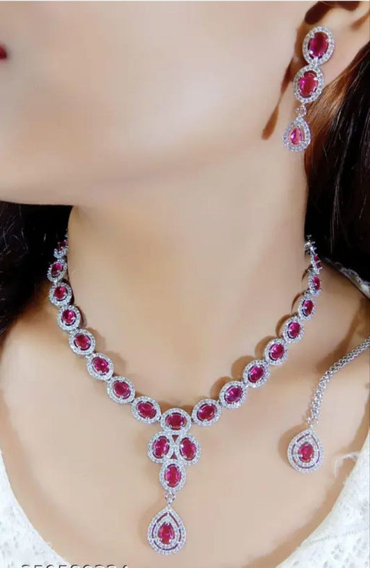 Magenta Pink Stone Necklace Earrings Set | Luxury Bridal & Festive Jewelry