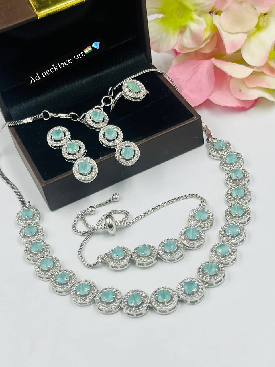 Pista Stone AD Necklace Set with Earrings & Bracelet – Elegant Party & Wedding Jewelry