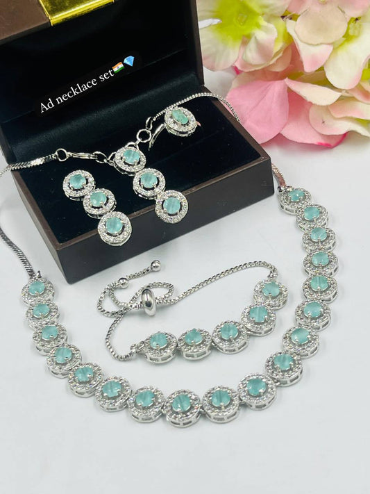 Pista Stone AD Necklace Set with Earrings & Bracelet – Elegant Party & Wedding Jewelry