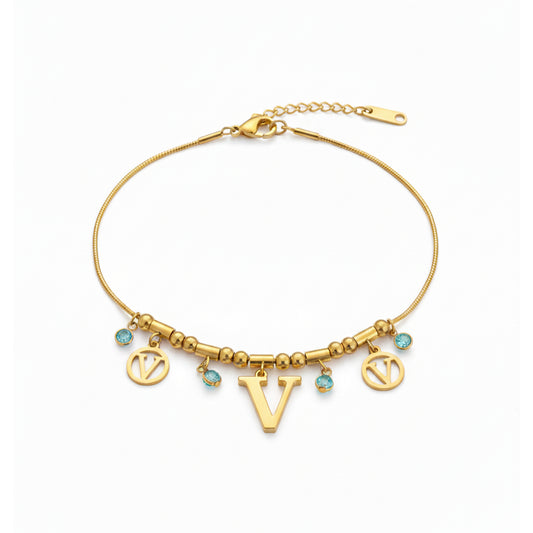 Initial V Charm Beaded Bracelet