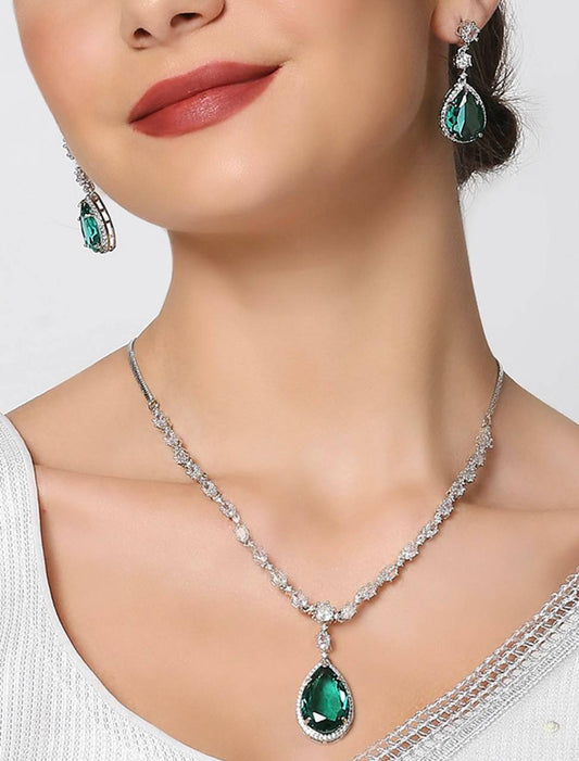 Emerald Green Teardrop Necklace Set with CZ Stones – Wedding & Party Jewelry