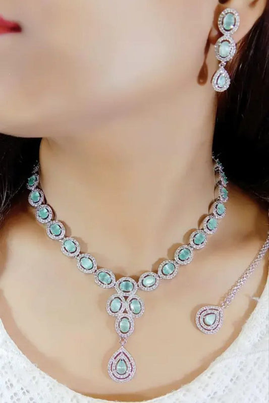 Pastel Green Stone Necklace Earrings Set | Elegant Party & Wedding Jewelry