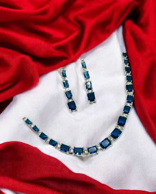 Luxury Blue Rectangle Stone Necklace & Earring Set – Bridal & Party Jewelry
