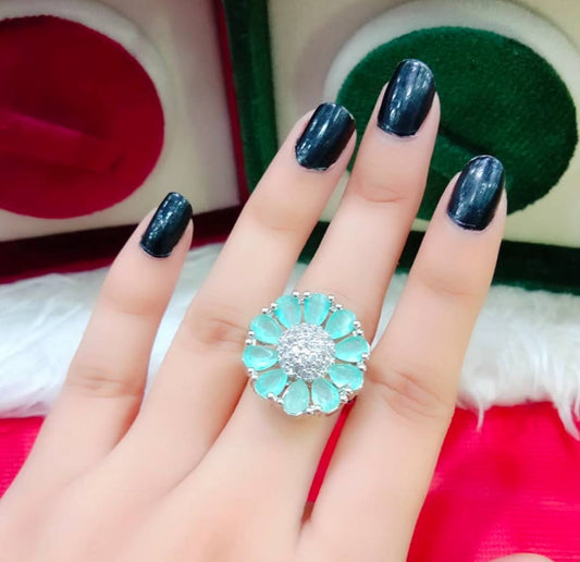 Flower Shape Light Green & Light Pink Stone Finger Ring with Diamond Center