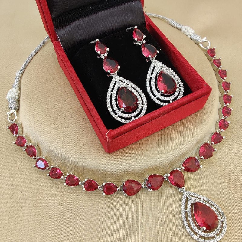 Red Stone Bridal Necklace Set with Earrings – Elegant Wedding & Party Jewelry