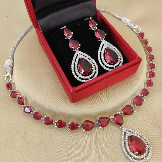 Red Stone Bridal Necklace Set with Earrings – Elegant Wedding & Party Jewelry