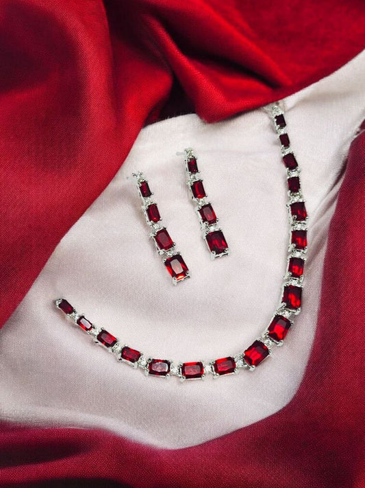 Luxury Red Rectangle Stone Necklace & Earring Set – Bridal & Party Jewelry