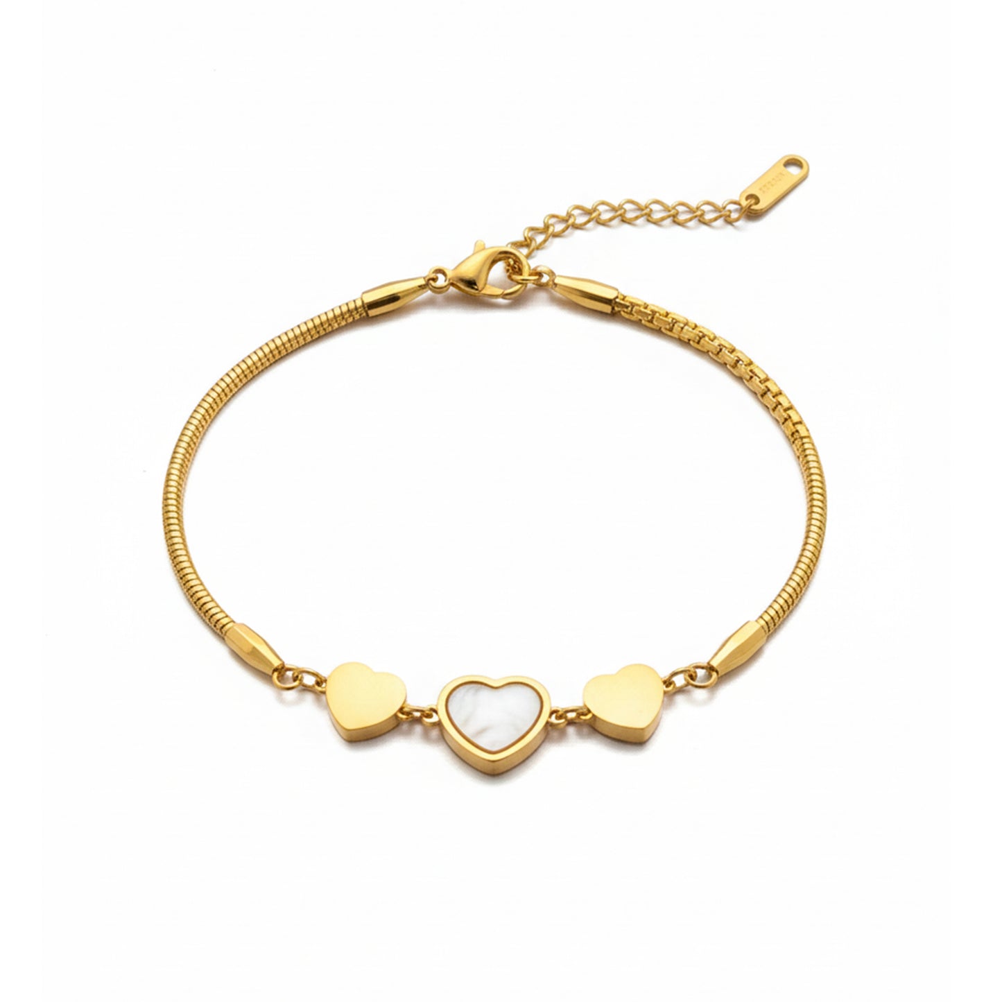 Gold MOP & Triple Heart Snake Chain Bracelet