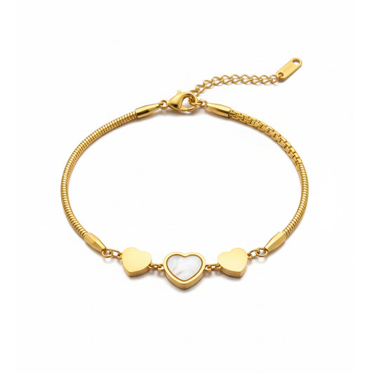 Gold MOP & Triple Heart Snake Chain Bracelet