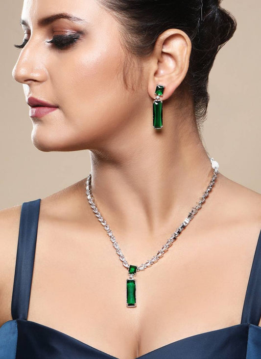 Dark Green Rectangle Necklace & Earring Set – Luxury Bridal & Party Jewelry
