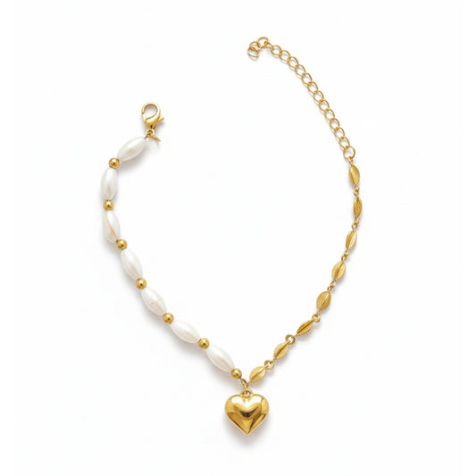 Anti-Tarnish Gold Half Pearl Half Leaf Bracelet