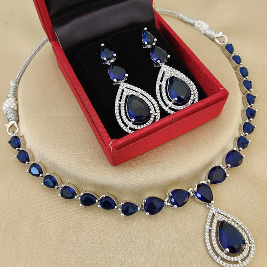 Blue Stone Bridal Necklace Set with Earrings – Elegant Wedding & Party Jewelry
