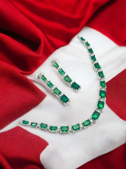 Luxury Green Rectangle Stone Necklace & Earring Set – Bridal & Party Jewelry