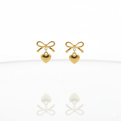 Gold Bow Tie Heart Drop Stud Earrings