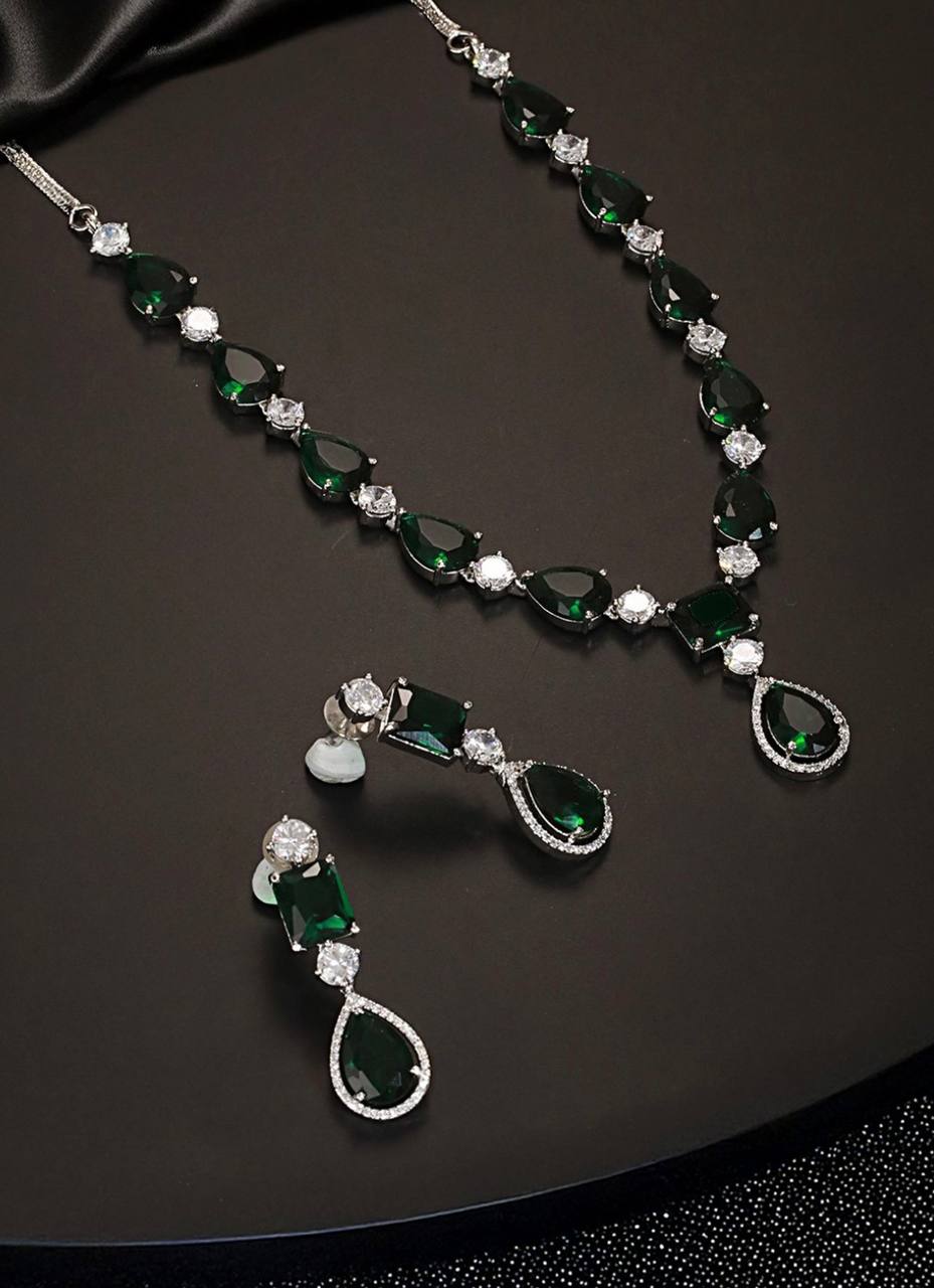 American Diamond Big Drop Wedding Necklace (Green)