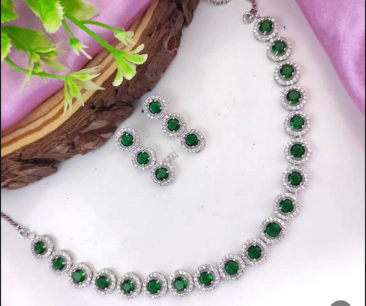 Green Stone Round Halo Necklace