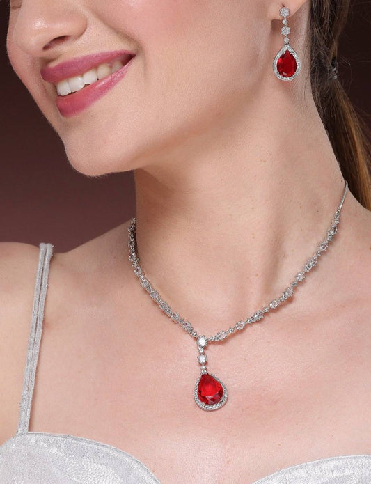 Elegant Ruby Red Teardrop Necklace Set with CZ Stones – Bridal & Party Wear