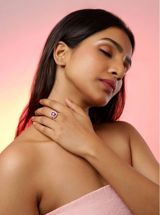 Red Stone Halo Diamond Ring for Women
