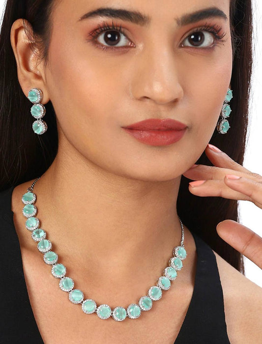 Mint Green Stone Necklace Set with Earrings – Wedding & Party Jewelry