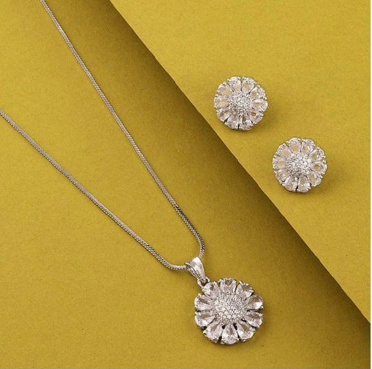 Atarangi Flower Design Premium Chain Pendant & Earring Set – Sparkling American Diamond Jewelry for Women