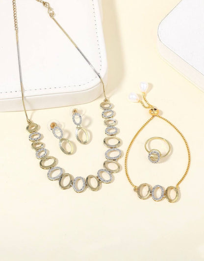 Elegant Oval Link Jewelry Set – Gold & Silver Tone Necklace, Bracelet, Earrings & Ring