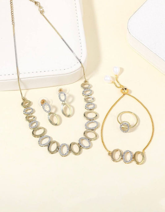 Elegant Oval Link Jewelry Set – Gold & Silver Tone Necklace, Bracelet, Earrings & Ring