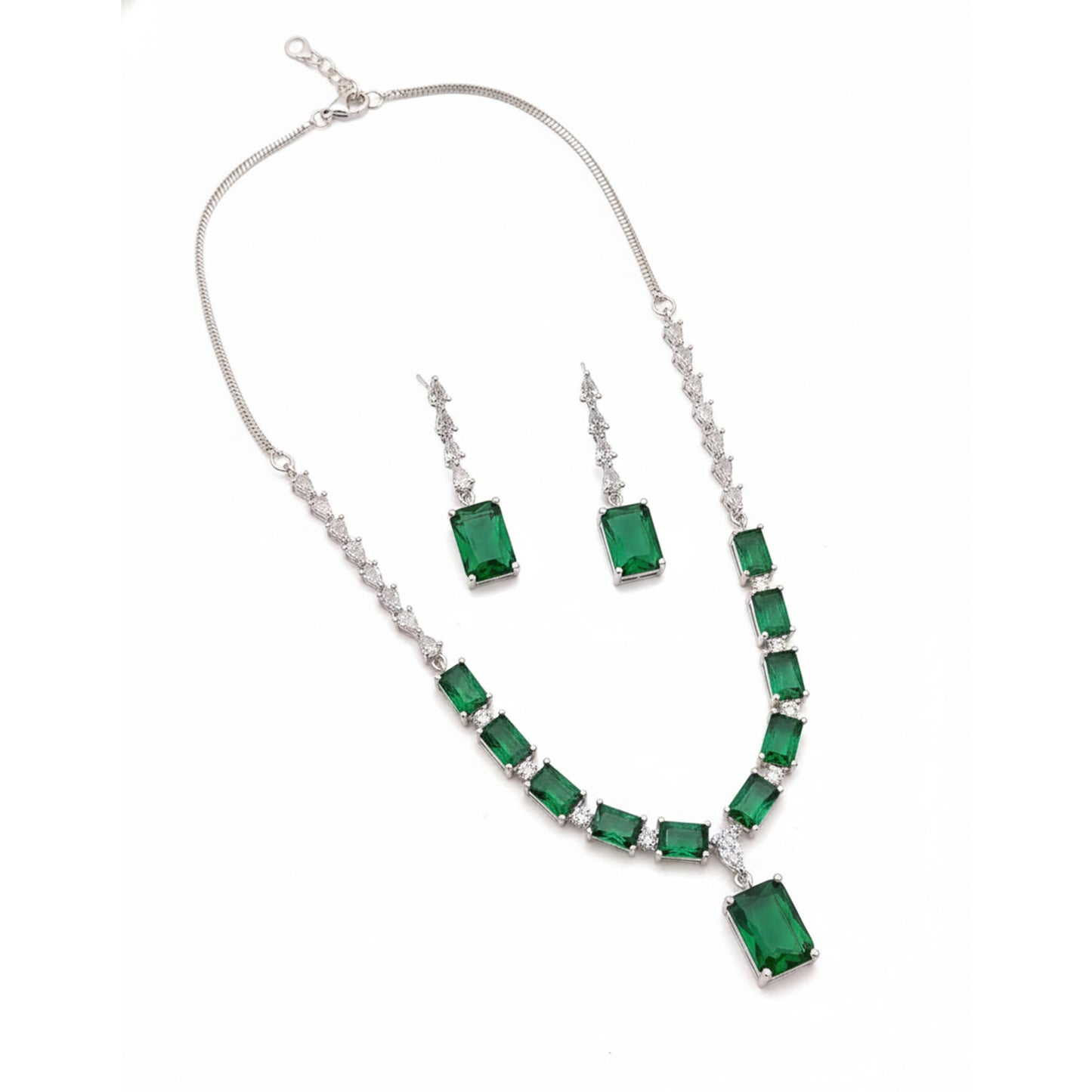 Green Stone AD Rectangle Drop Necklace