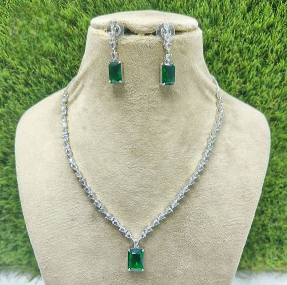 Green Stone AD Rectangle Drop Necklace