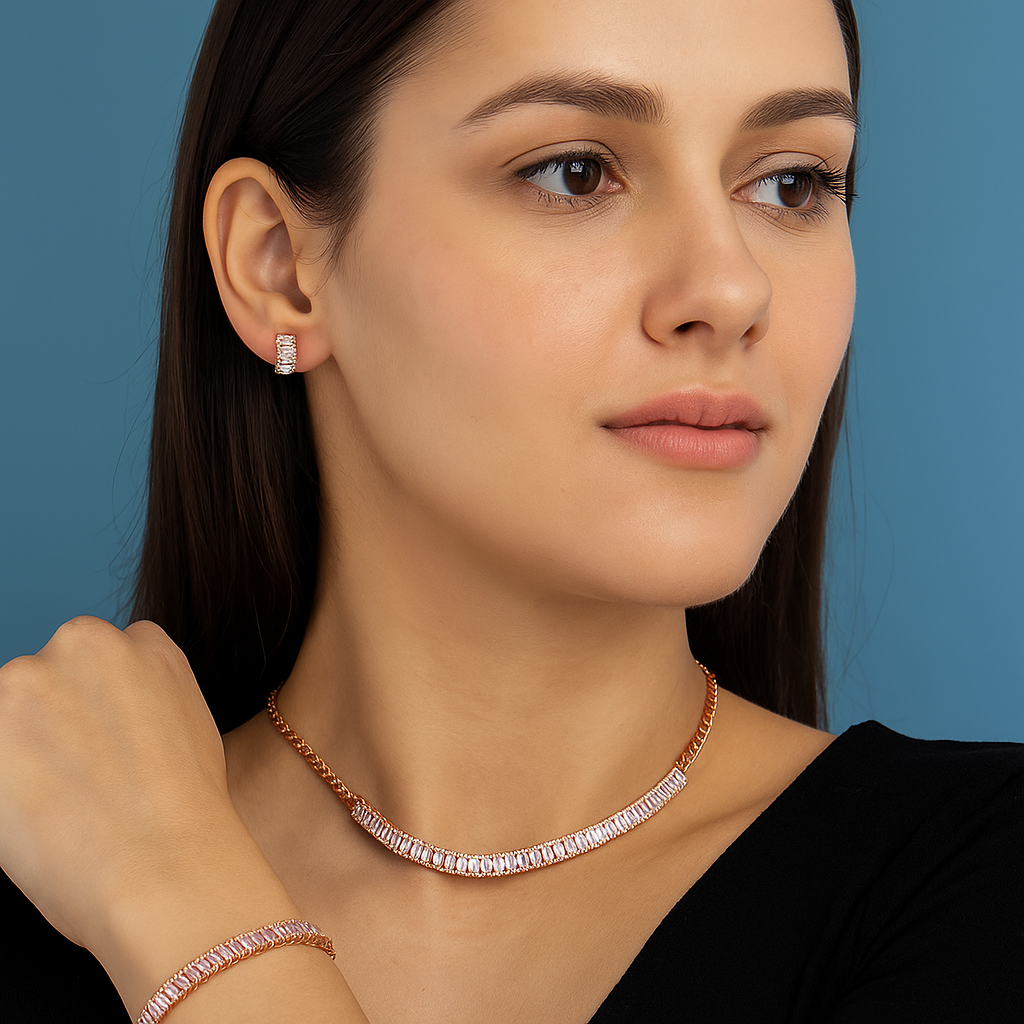 Rose Gold Necklace Set with Bracelet & Earrings