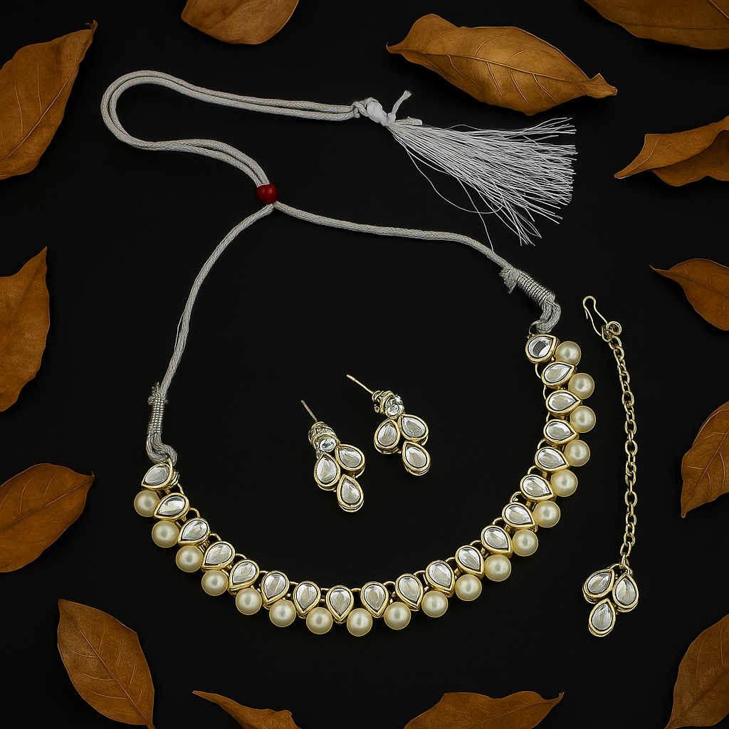 Traditional Pearl & Kundan Necklace Set with Earrings